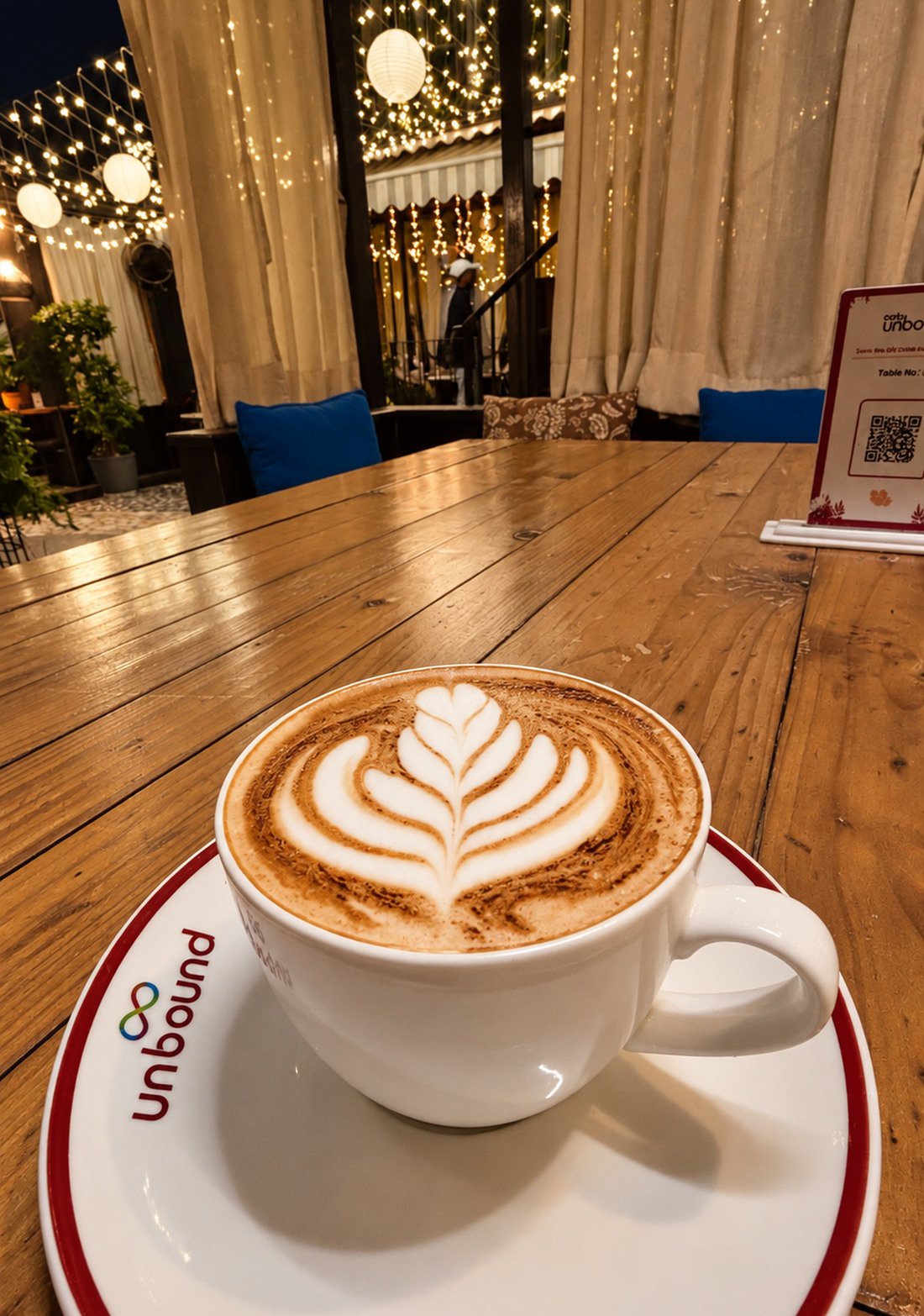 A cappuccino on a wooden table at night, fairy lights behind