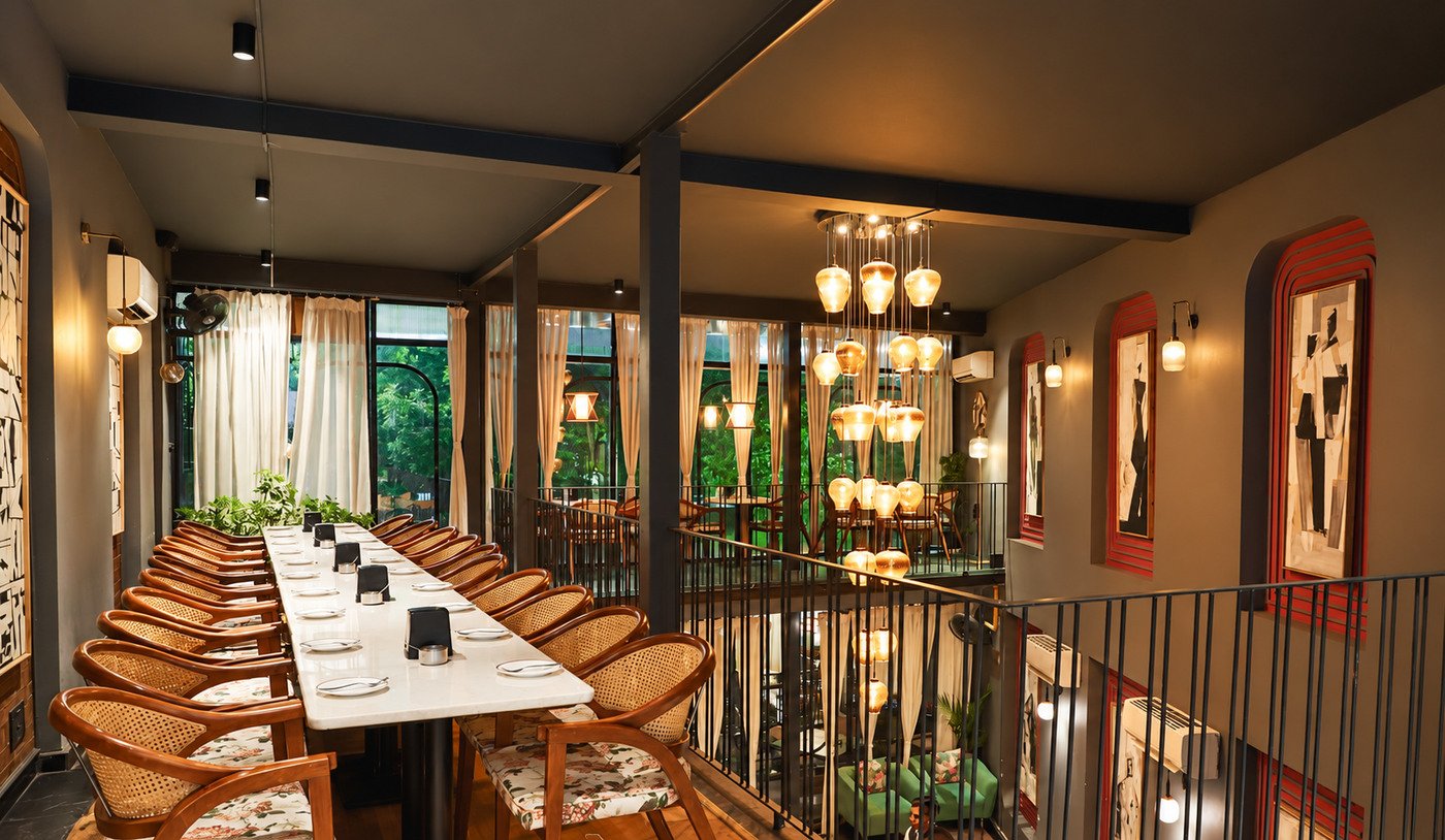 A long table set for a group on the first floor