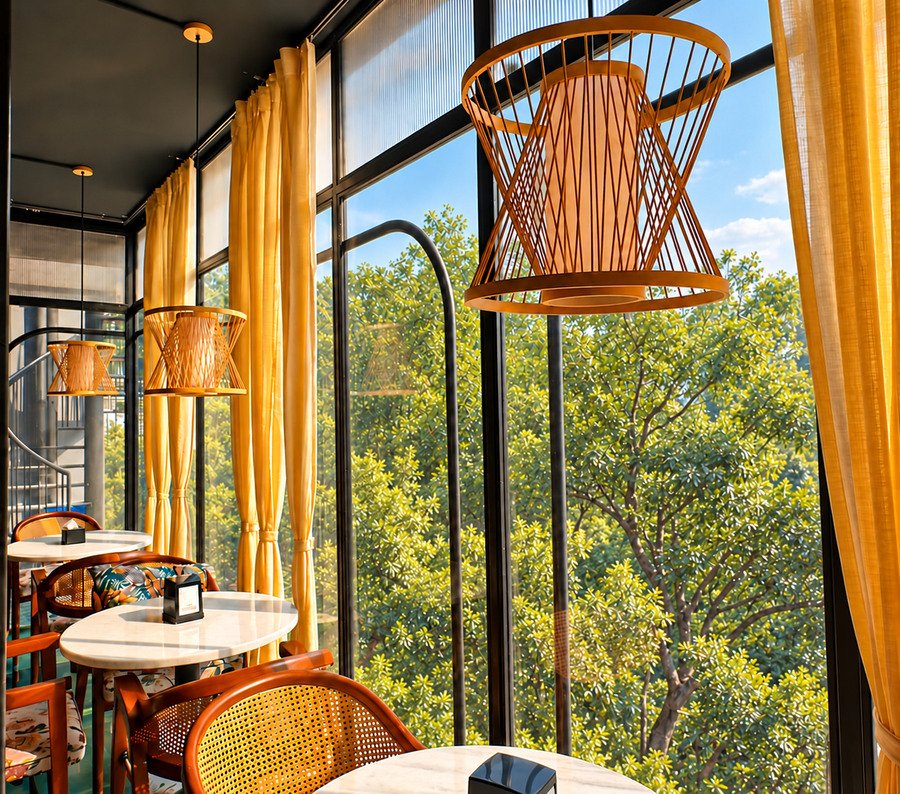 A woven lamp by the first-floor windows in afternoon sun, trees outside